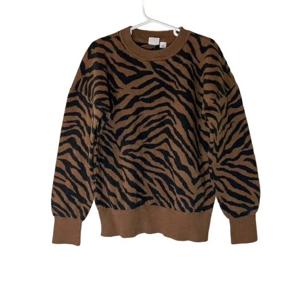 GAP Girls Tiger Print Knit Pullover Crewneck Sweater Medium Black Chestnut Brown - Picture 1 of 5